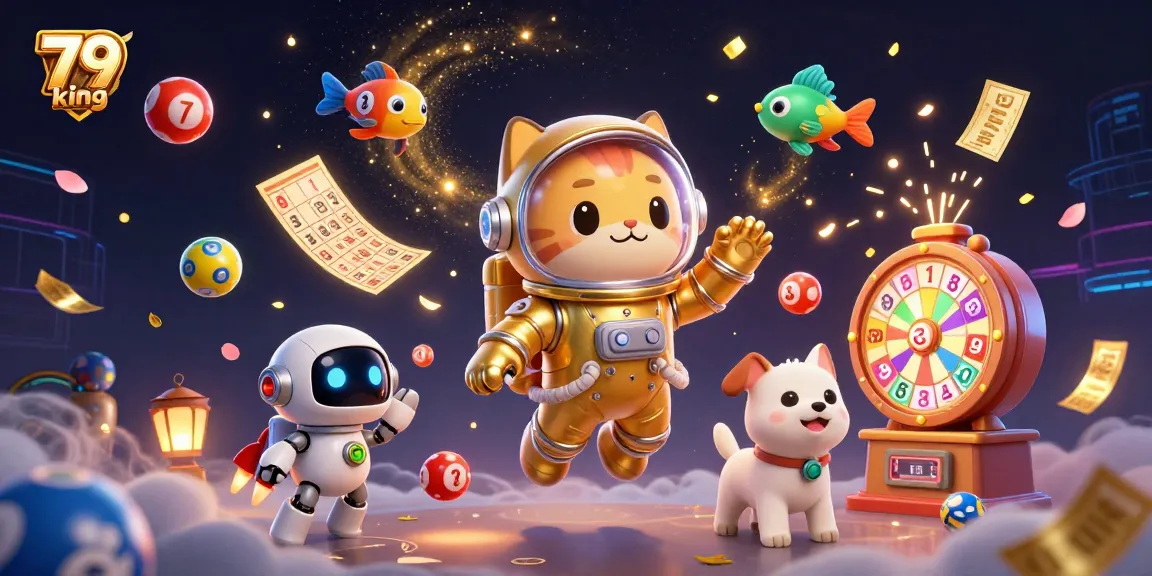 Experience the thrill of 79 king with colorful lottery balls, golden tickets, and cartoon characters in a vibrant casino setting.