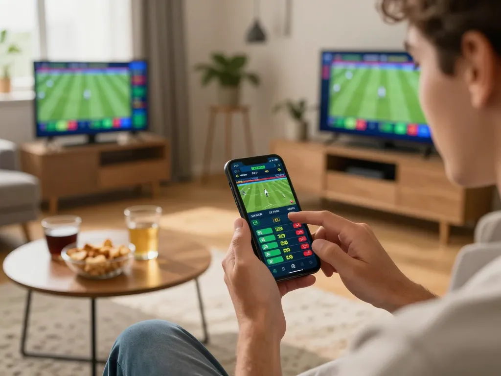 Bongdalu VIP sports betting excitement captured through mobile device engagement in a cozy home.