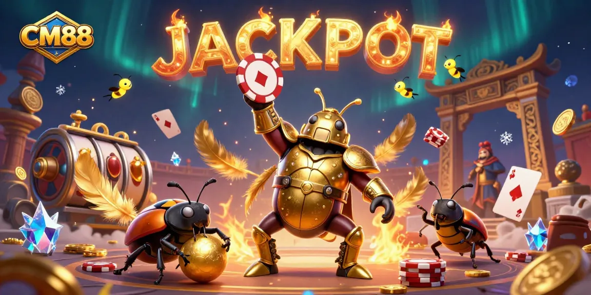 Experience CM88 excitement with a victorious beetle lifting a poker chip in a dynamic casino scene.