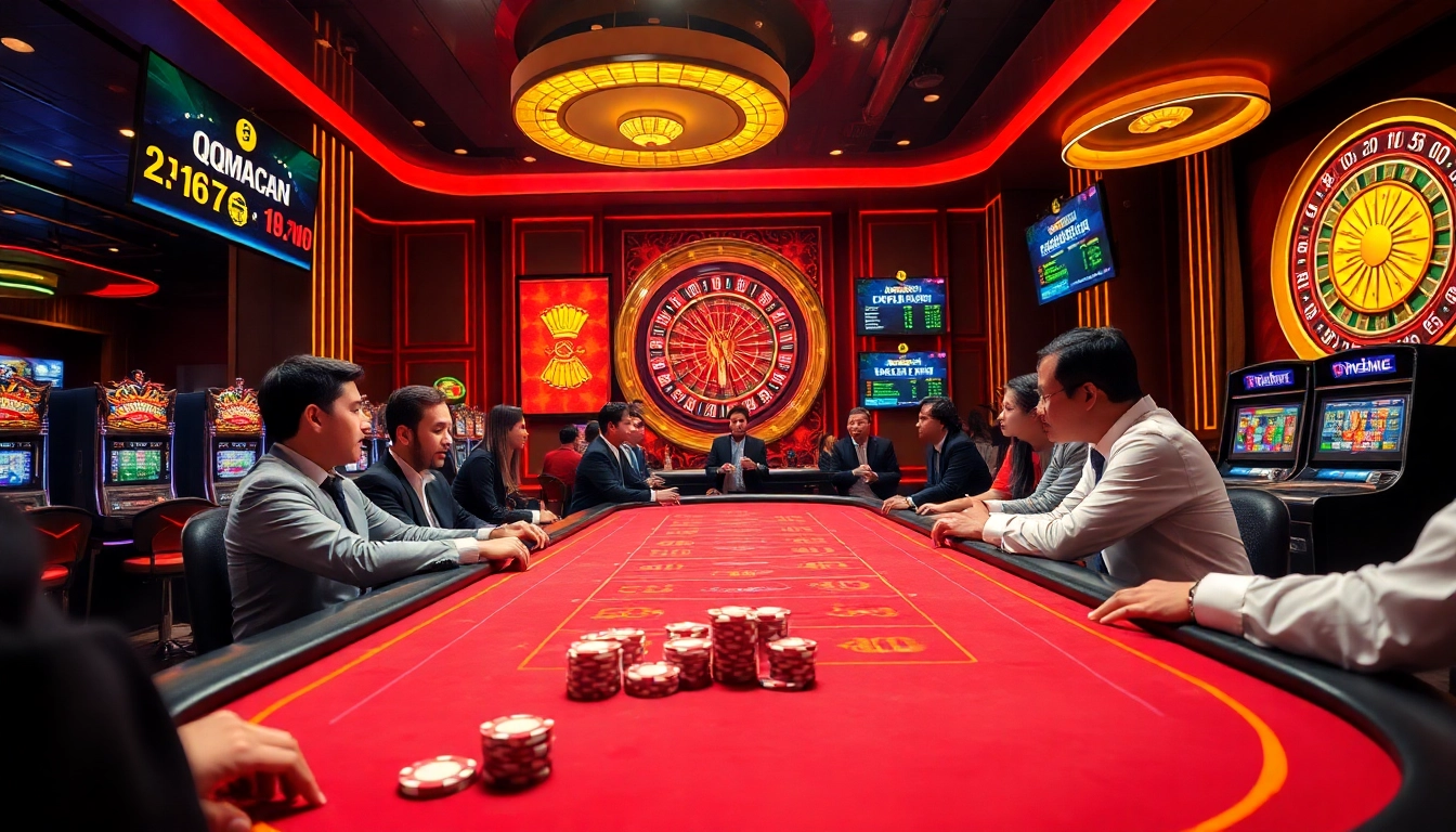 Exciting casino scene showcasing qqmacan with vibrant tables, players, and slot machines.