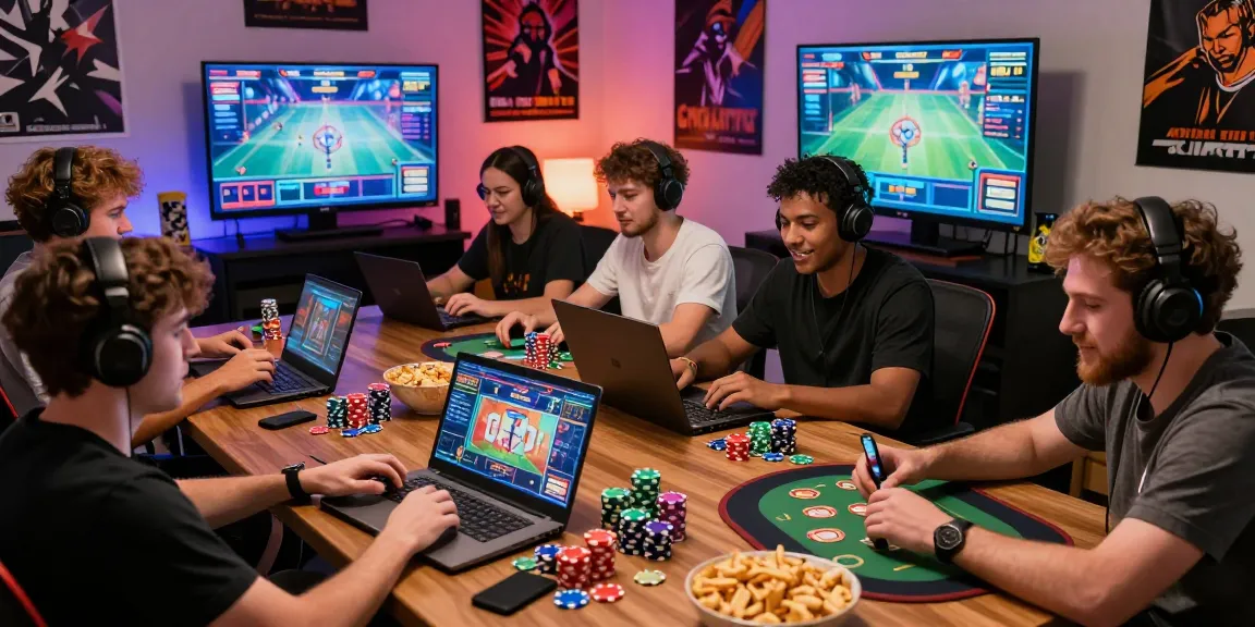 Exciting online gaming community scene capturing gamebaidoithuong is players enjoying various card games and slots.