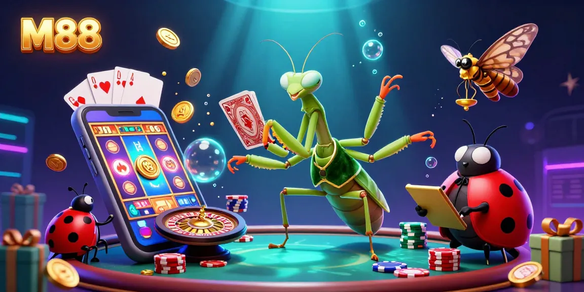M88 giant praying mantis dealer engaging players with cards and chips in a vibrant casino scene.