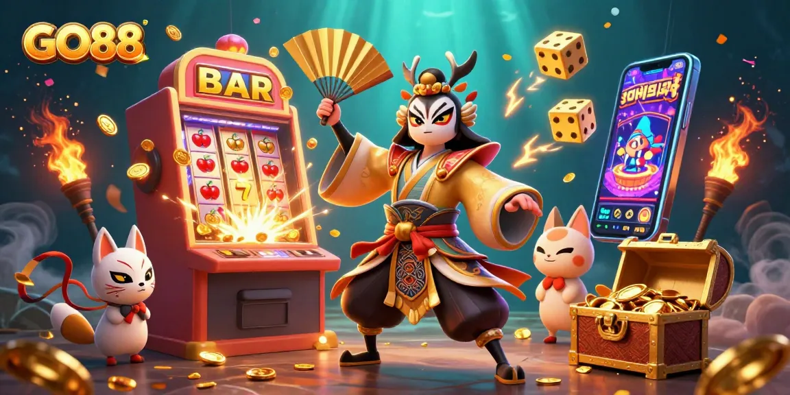 Experience GO88's thrilling atmosphere with a cinematic illustration of winning moments in online gaming.