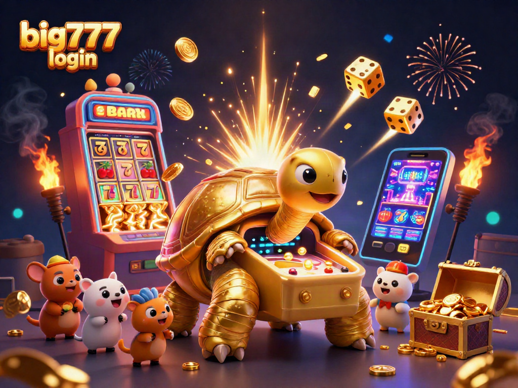Mainkan big777 login dengan keseruan mesin permainan slot dalam ilustrasi 3D yang penuh warna dan detail.