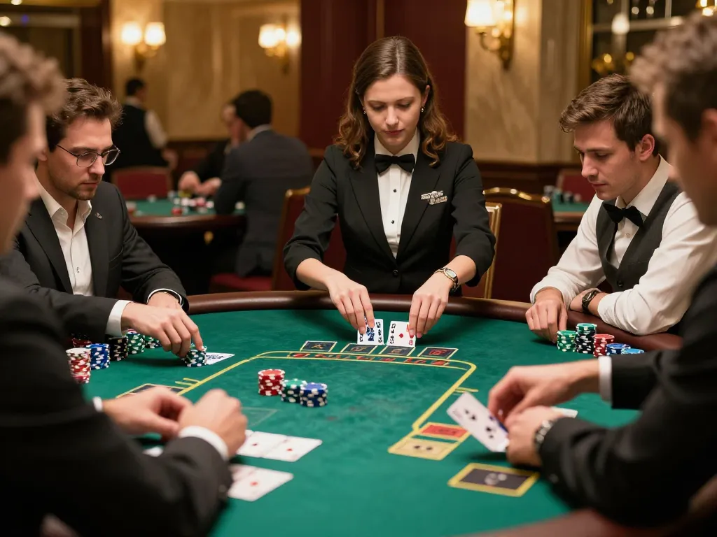 Players engaging in an intense blackjack game at a high-end casino featuring HM88 luxury decor and vibrant chips.