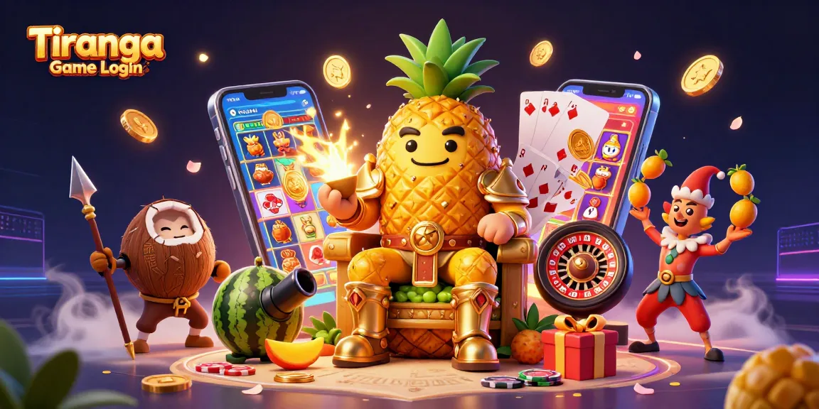 Tiranga Game Login illustration showcasing a vibrant cartoon scene filled with casino elements and playful characters.