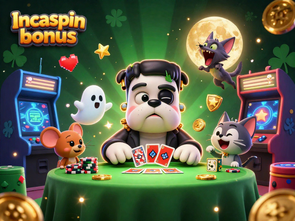 Experience the excitement of IncaSpin bonus with a cartoon monster dealer and playful elements.