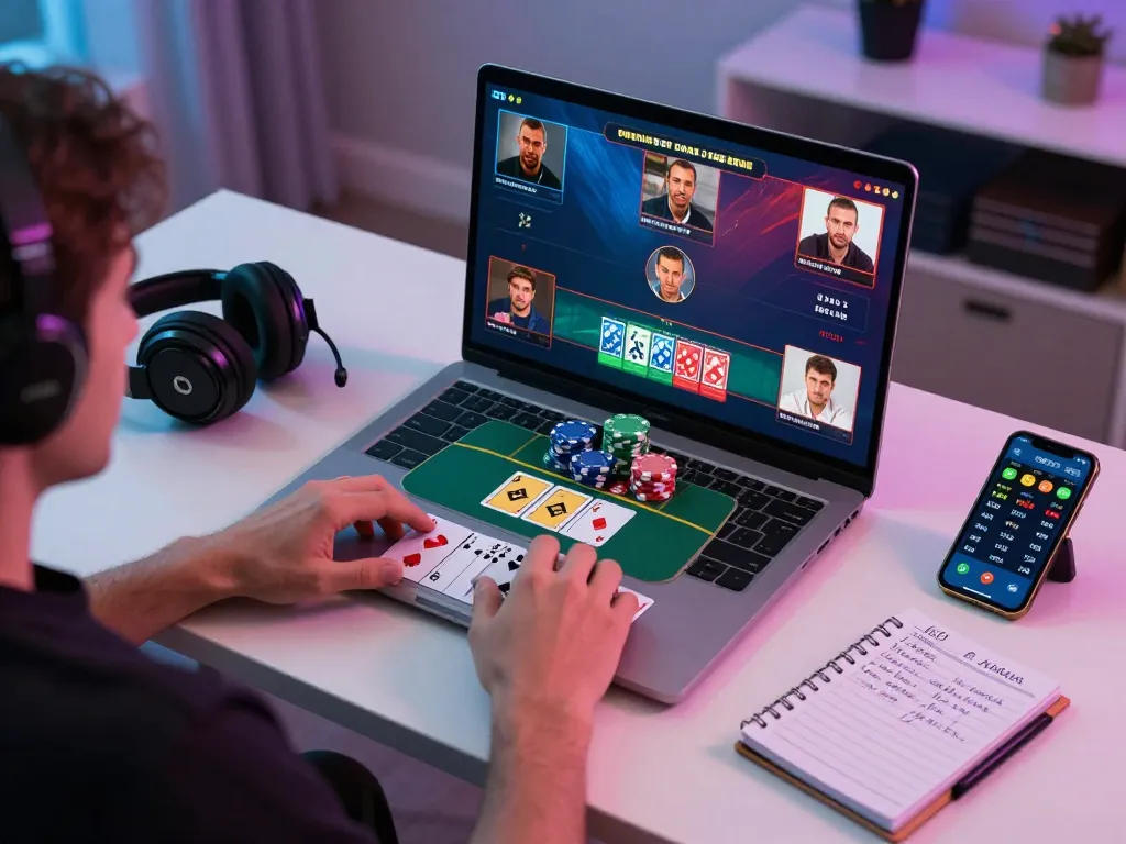 Players engaging in a lively online poker match at Domino88, revealing colorful chips and strategic layouts.