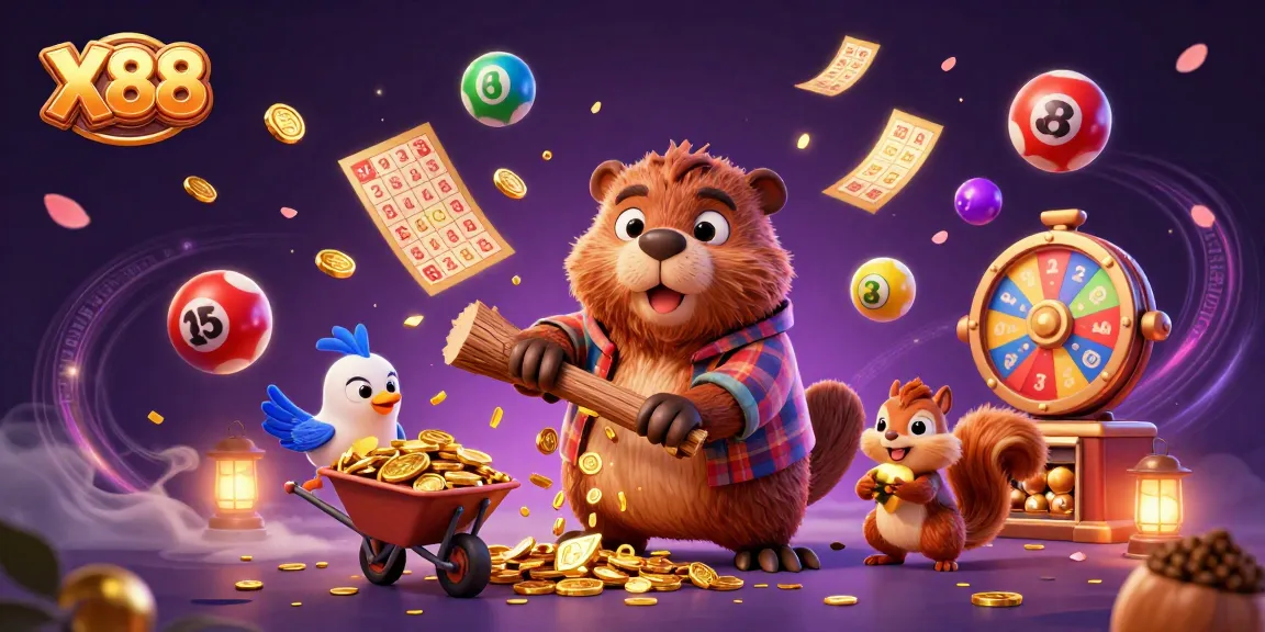 X88 players enjoying dynamic fun with colorful lottery elements and coin rain in a vibrant casino scene.