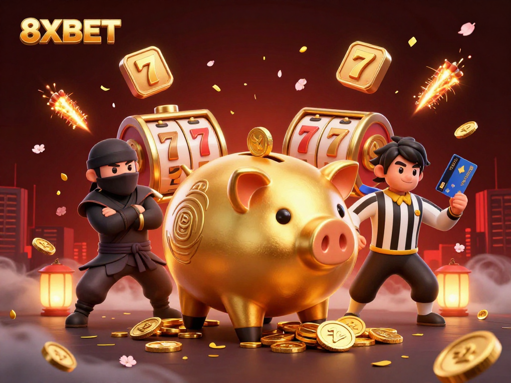 Engage with 8XBET's vibrant 3D illustration of a golden sumo wrestler and dynamic gaming elements.