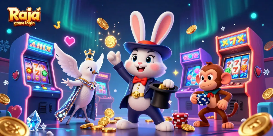 Engage with thrilling Raja game login action and classic casino gaming elements in this vibrant illustration.