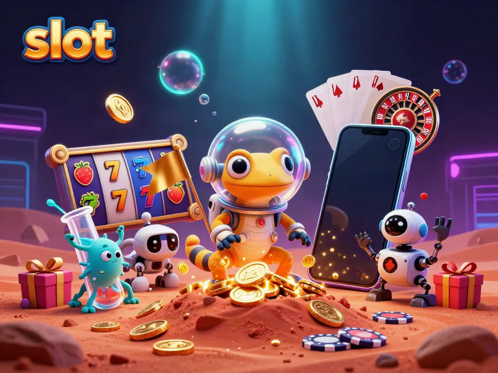 Experience vibrant slot gameplay with a Martian gecko uncovering a casino in this dynamic illustration.