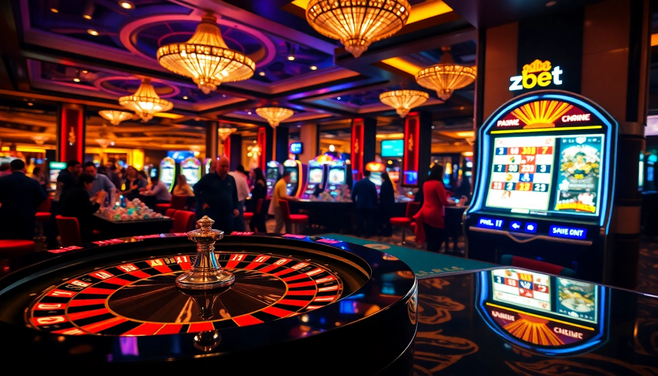 Experience thrilling gameplay at zbet's vibrant casino floor with roulette and lively slots.