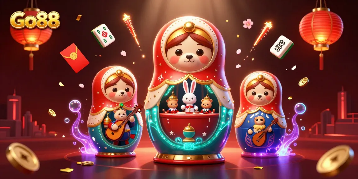 Experience the thrill of Go88 with dynamic gambling scenes featuring 3D characters and casino elements.