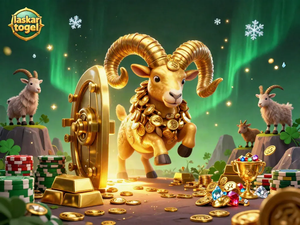 Experience the thrill of laskar togel with a golden ram charging through a treasure vault, surrounded by precious gems.