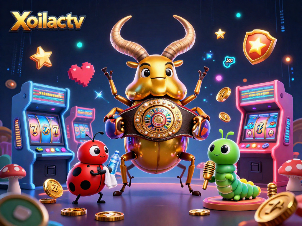 Xoilactv showcases a dynamic 3D casino scene with a golden stag beetle and gaming elements.