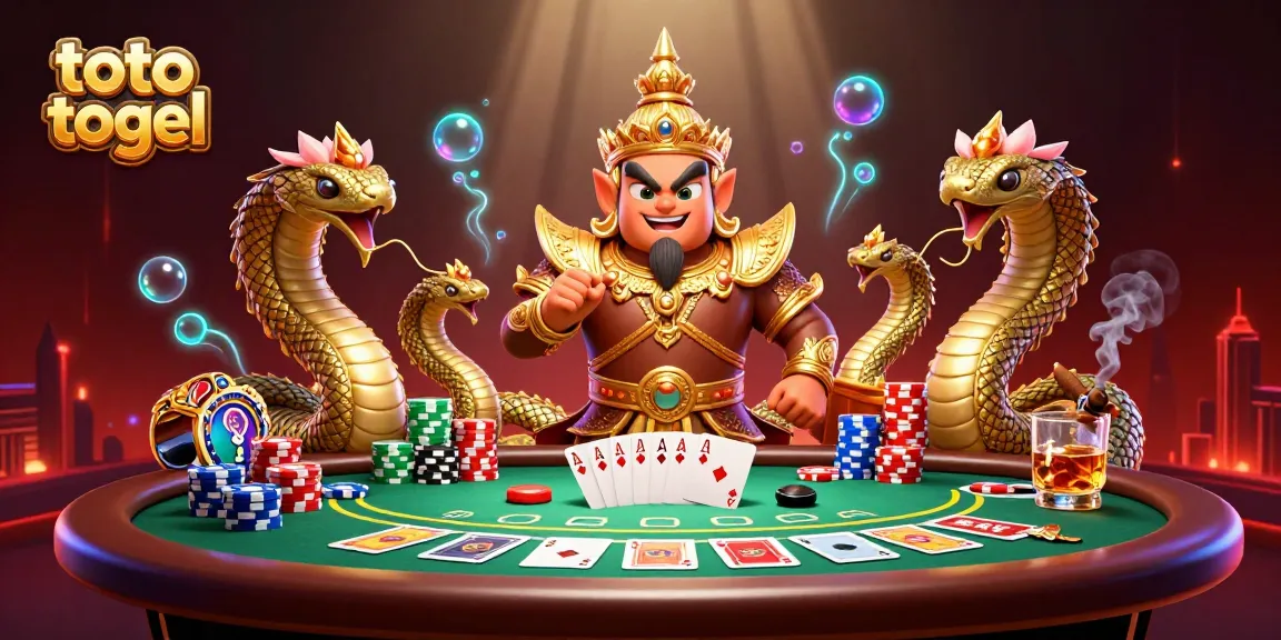 Toto togel online scene featuring a friendly yaksha guardian, poker chips, and cards creating an engaging atmosphere