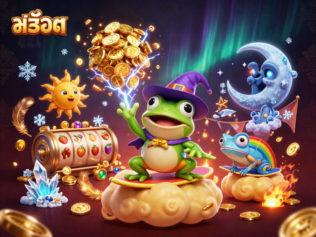 Experience a lively scene of สล็อต with a wizard frog, chameleon, and vibrant casino elements.