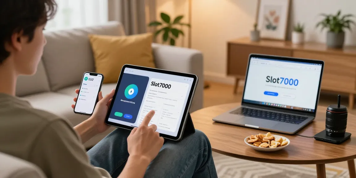 Engaging interface of slot7000 on tablet in modern living room setting