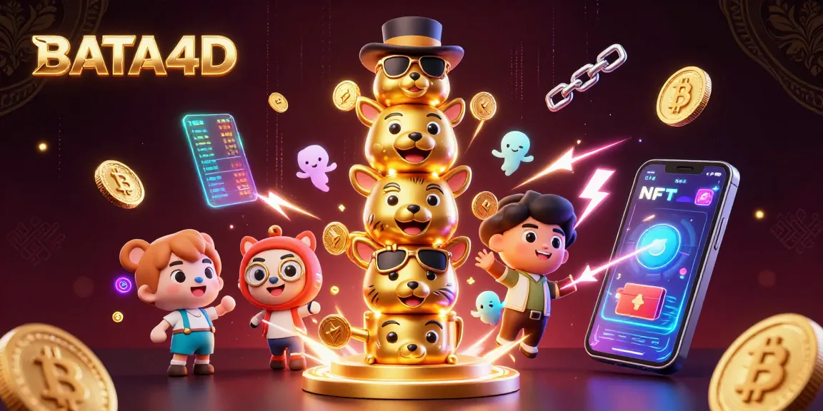 BATA4D memukau dengan totem slot yang dikelilingi koin kripto dan elemen digital, menciptakan suasana kasino yang hidup.