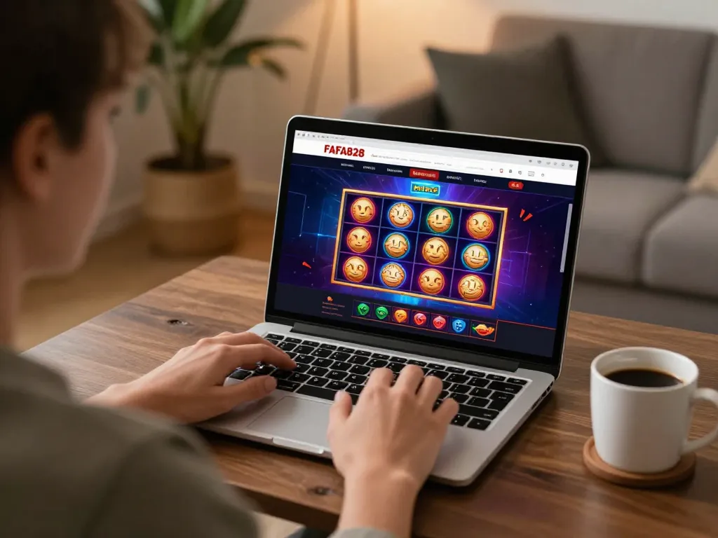 Player enjoying a session on FAFA828's online casino platform, showcasing exciting slots and relaxing home environment.