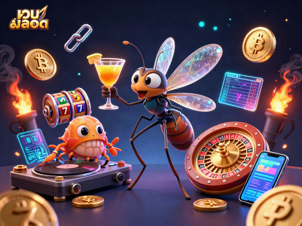Experience เว็บสล็อต excitement with a vibrant casino scene of a lively mosquito mascot, trilobite DJ, and golden roulette wheel.