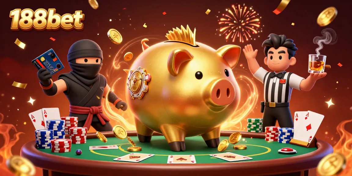 Engage in thrilling action as 188bet's cartoon piggy bank sumo wrestler and ninja face off in an exciting casino scene.