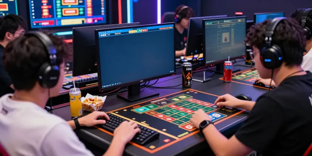 Engaged players at situs singatoto enjoying an online lottery game with vibrant screens and snacks.