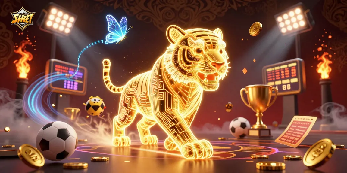 SHBET showcases an electrifying casino atmosphere with a neon tiger, holographic butterflies, and dynamic game elements.