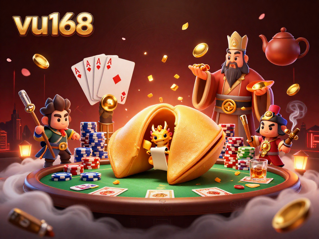 Engage in exhilarating gameplay with VU168's vibrant casino scene featuring a dragon and golden fortune cookie.