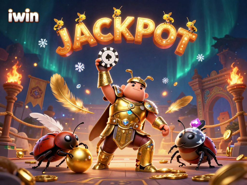 Win big with iwin as a 3D cartoon beetle celebrates a jackpot victory in a vibrant casino scene.