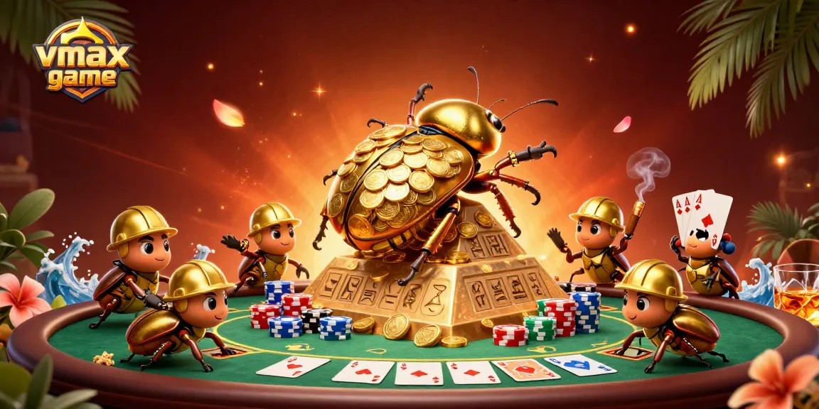 Join the vmax game adventure with a 3D beetle theme casino illustration showcasing rich gambling elements.