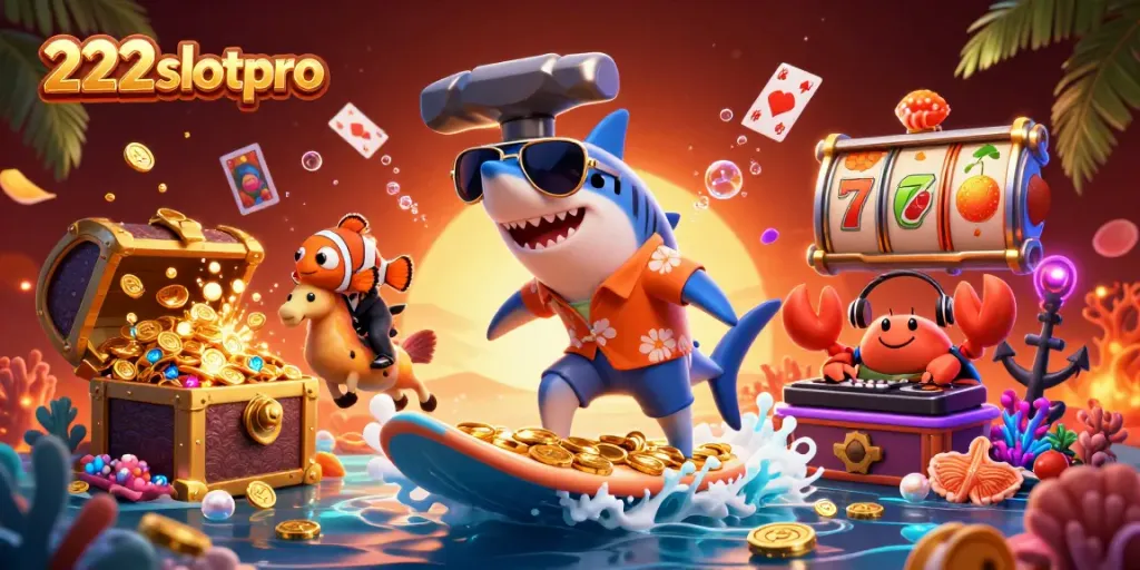 Permainan menarik di 222slotpro dengan hiu kartun, ikan badut, dan DJ kepiting di panggung karang.