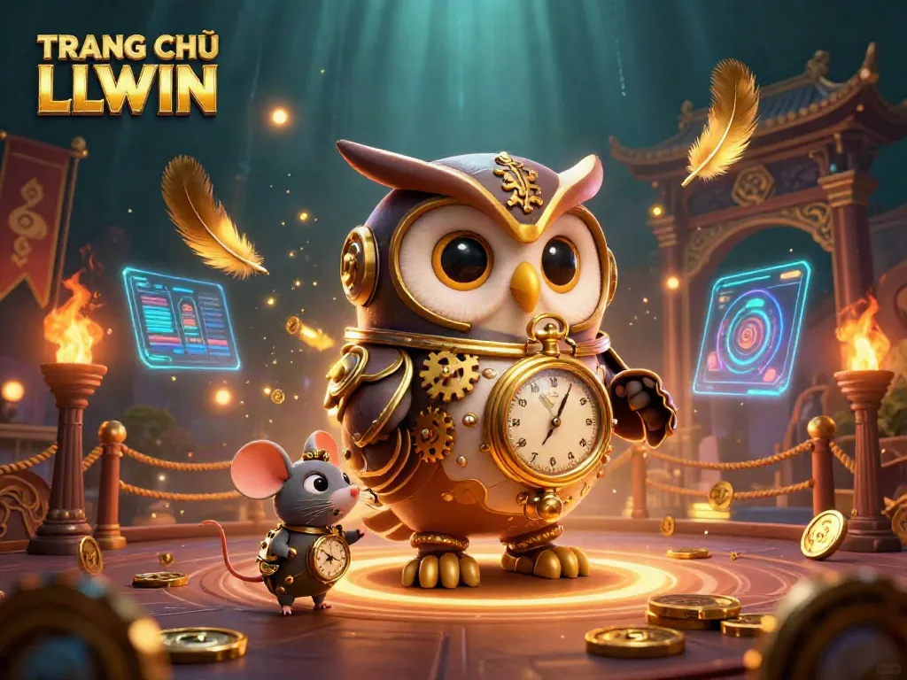Engage in exhilarating gaming at TRANG CHỦ LLWIN with a vibrant 3D casino scene featuring animated characters, coins, and game elements.