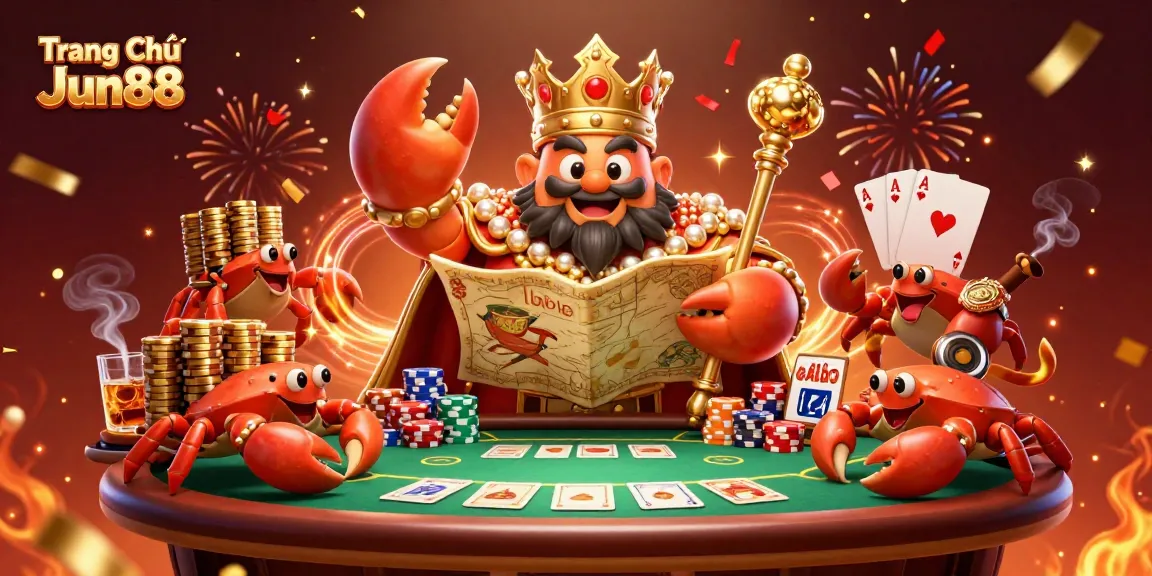 Engage with thrilling gaming action at Trang Chủ Jun88 featuring a golden crab emperor and poker elements.