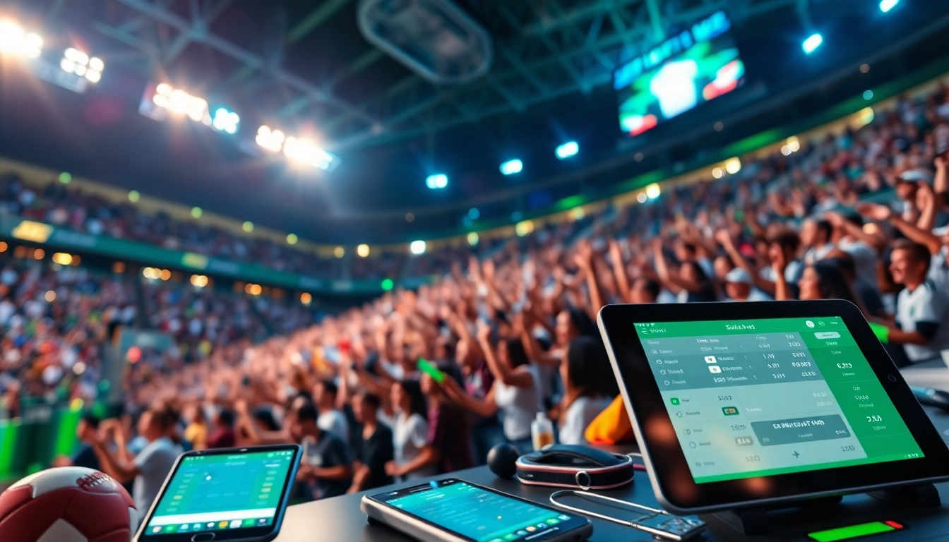 Engaging online Betting scene with vibrant sports enthusiasts and a digital betting interface.