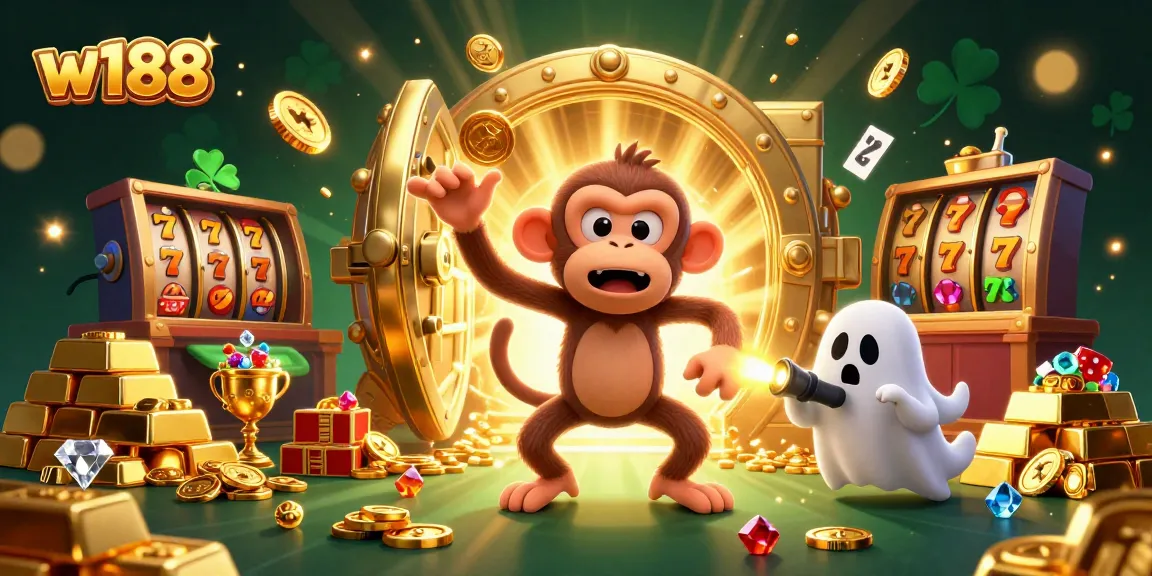 w188 enhances your gaming experience with a playful monkey juggling gold and a curious puppy exploring a haunted casino.