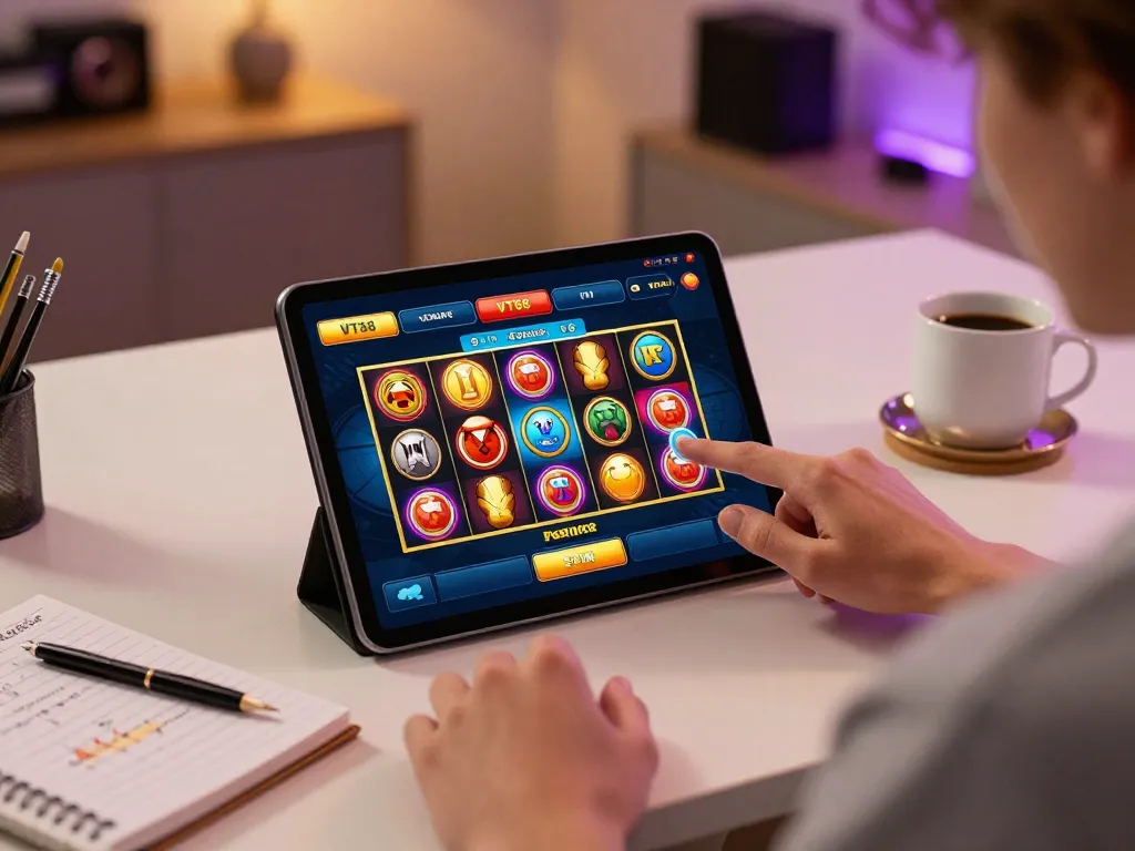 Engaged player exploring VT88 casino app on tablet with vibrant slot game display, showcasing responsible online gambling.