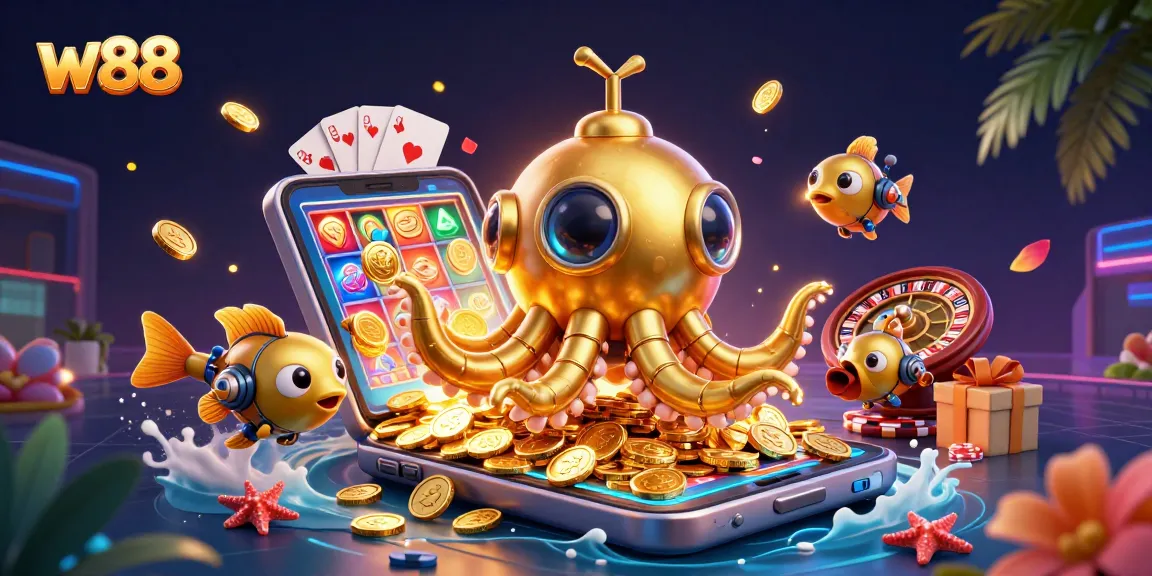 Chơi game slot hấp dẫn tại w88 với hình ảnh sống động của kỳ lân vàng và cá mech.