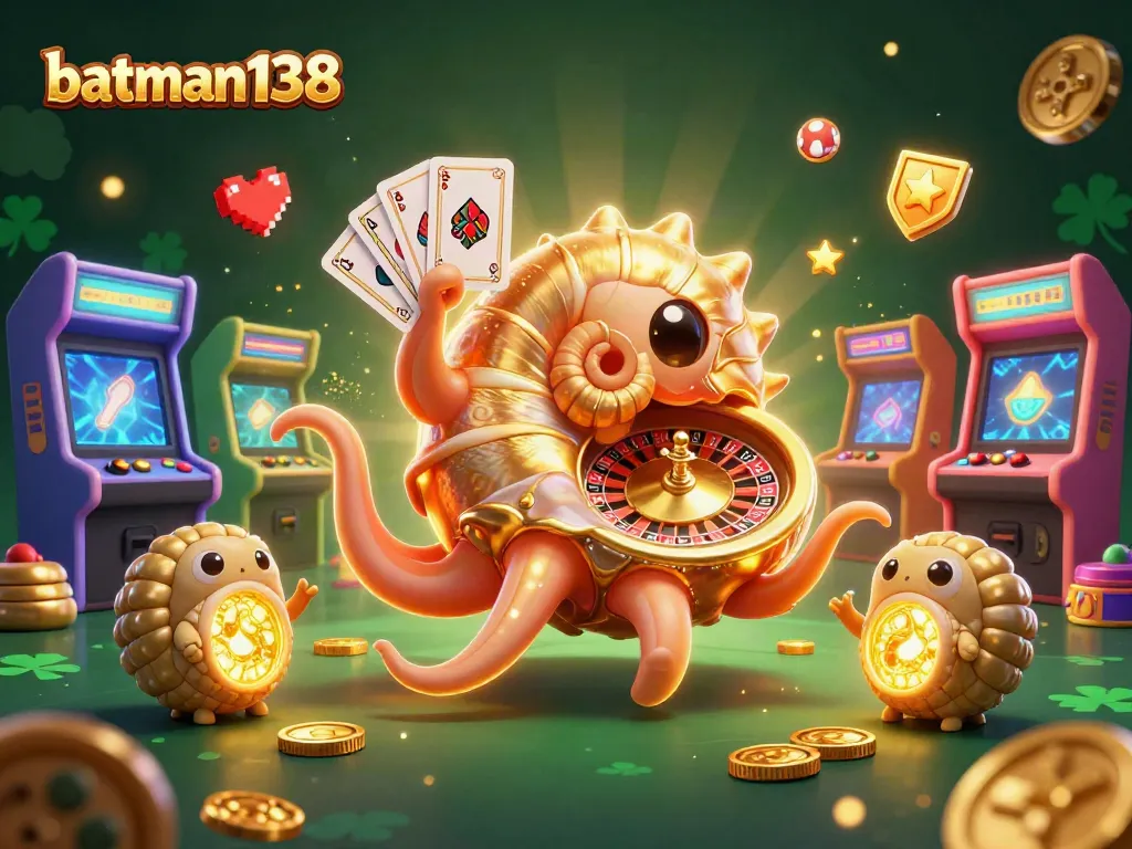 Engage with batman138's vibrant casino scene featuring a giant nautilus roulette wheel and glowing arcade machines.