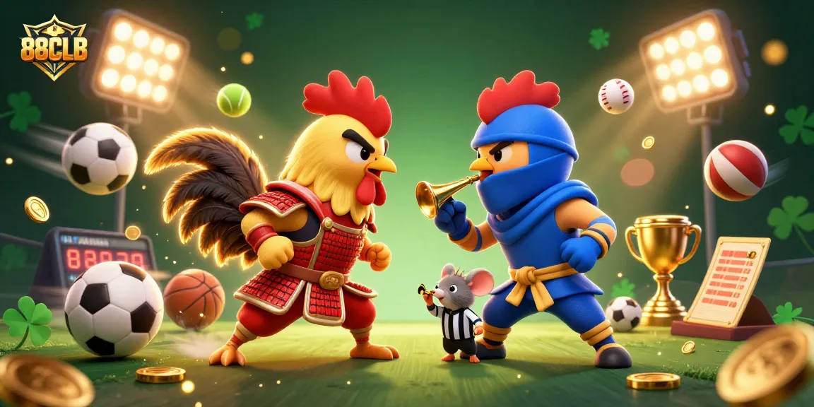 Engage with 88CLB's exhilarating standoff between fighting roosters in a vibrant casino scene.