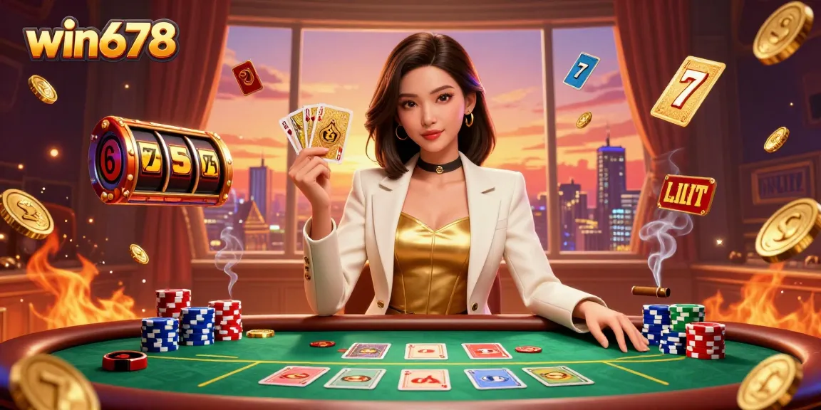 Experience thrilling gameplay at win678 with elegant illustrations of casino excitement, showcasing poker and slot elements.