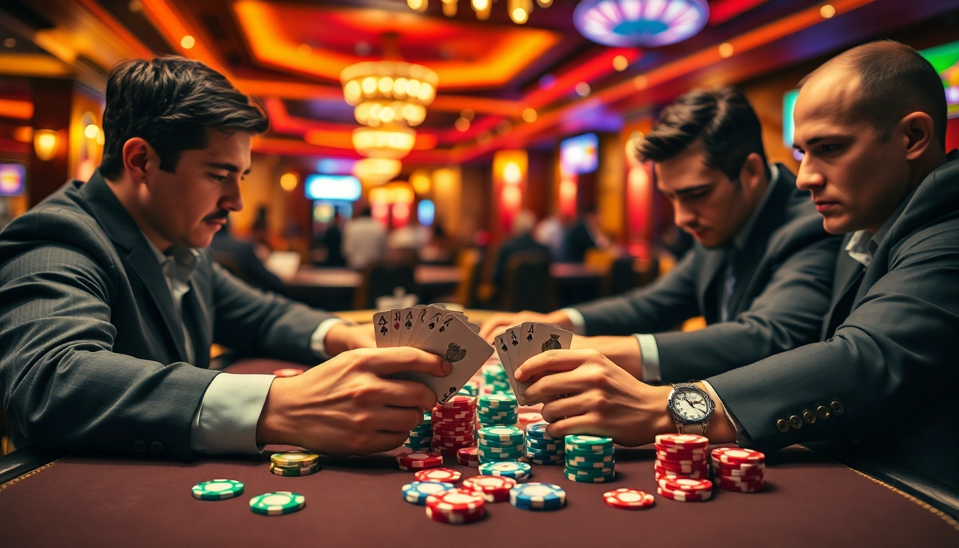 Engaged players strategizing in a lively Poker Game at a casino.