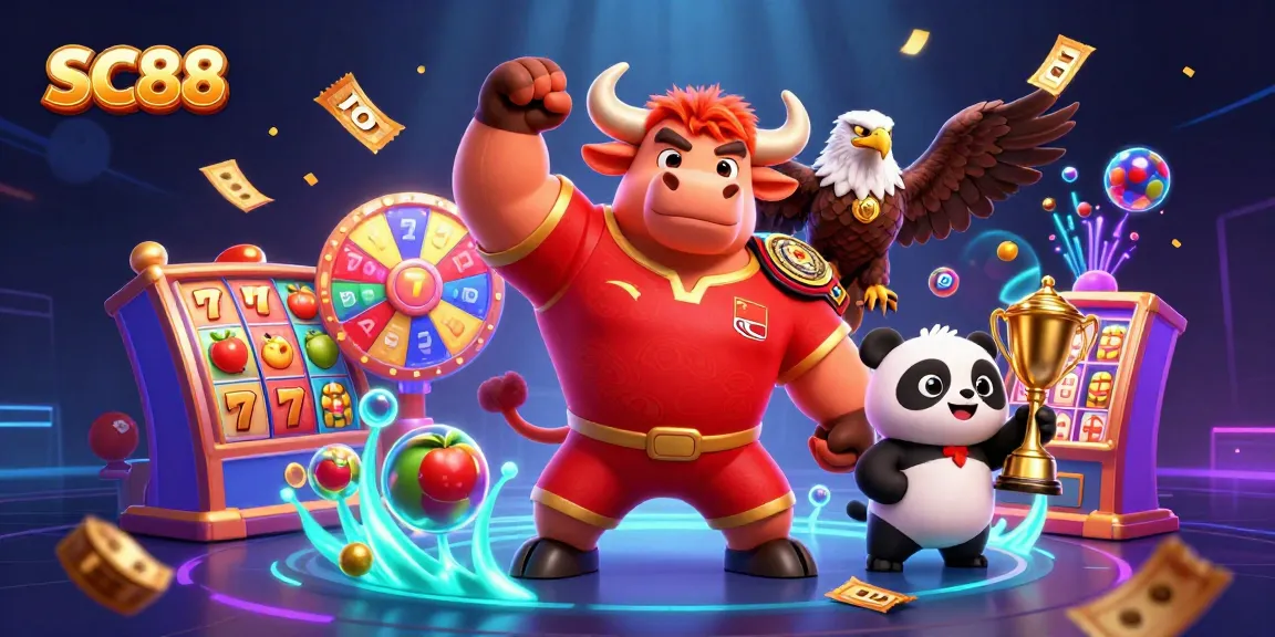 Experience thrilling SC88 jackpots as the cartoon bull, eagle, and panda celebrate amidst spinning slot reels and golden confetti.