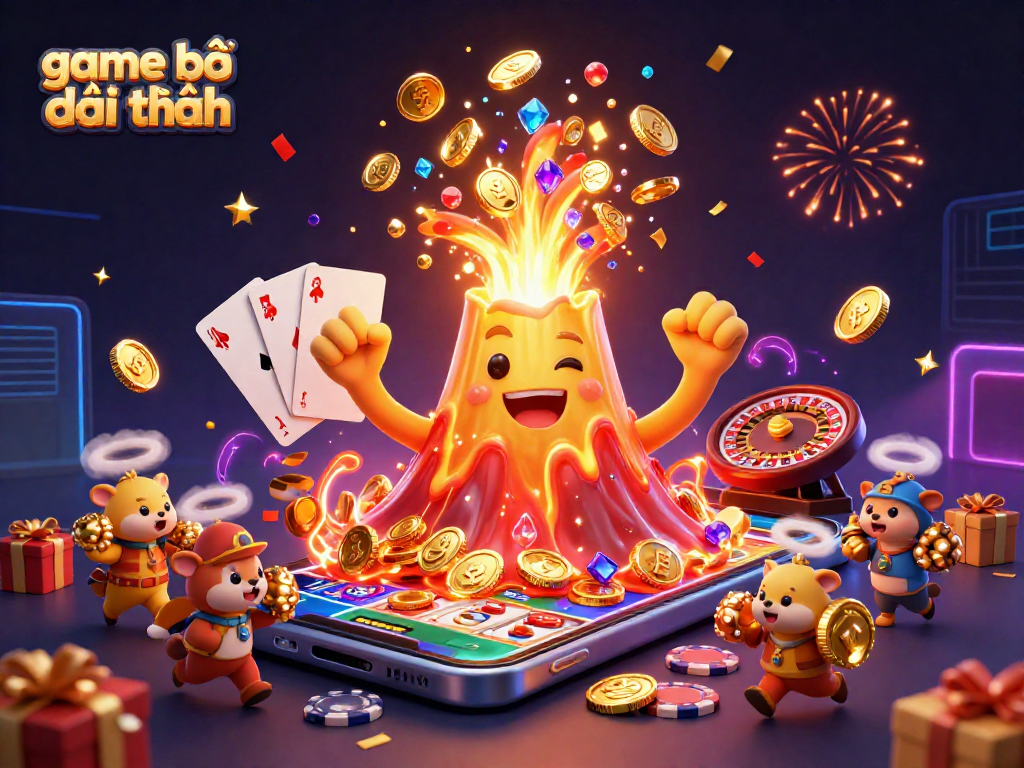 Experience the excitement of game bài đổi thưởng with a vibrant casino scene featuring a golden volcano and treasures.