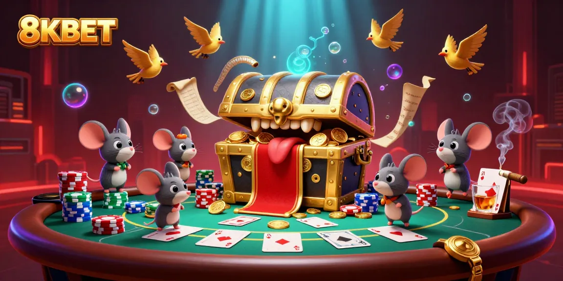 8KBET showcases a vibrant 3D cartoon scene with gamers by a poker table, emphasizing thrilling online betting.