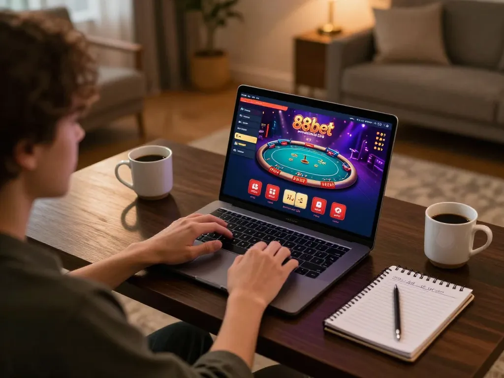 Playing poker at 88bet casino on a laptop, showcasing a strategic online gaming setup.