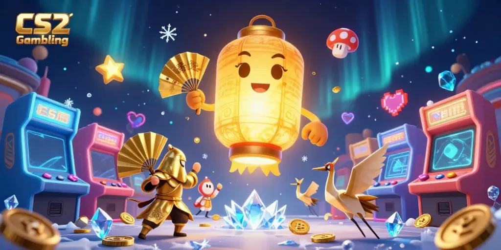 Engage in CS2 Gambling with glowing lanterns and colorful arcade elements in a vibrant casino scene.