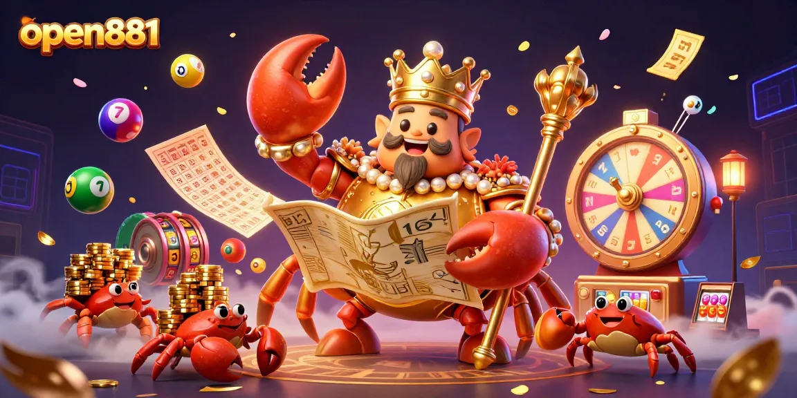 Engage with open881's exciting lottery atmosphere featuring vibrant elements and a golden crab emperor.