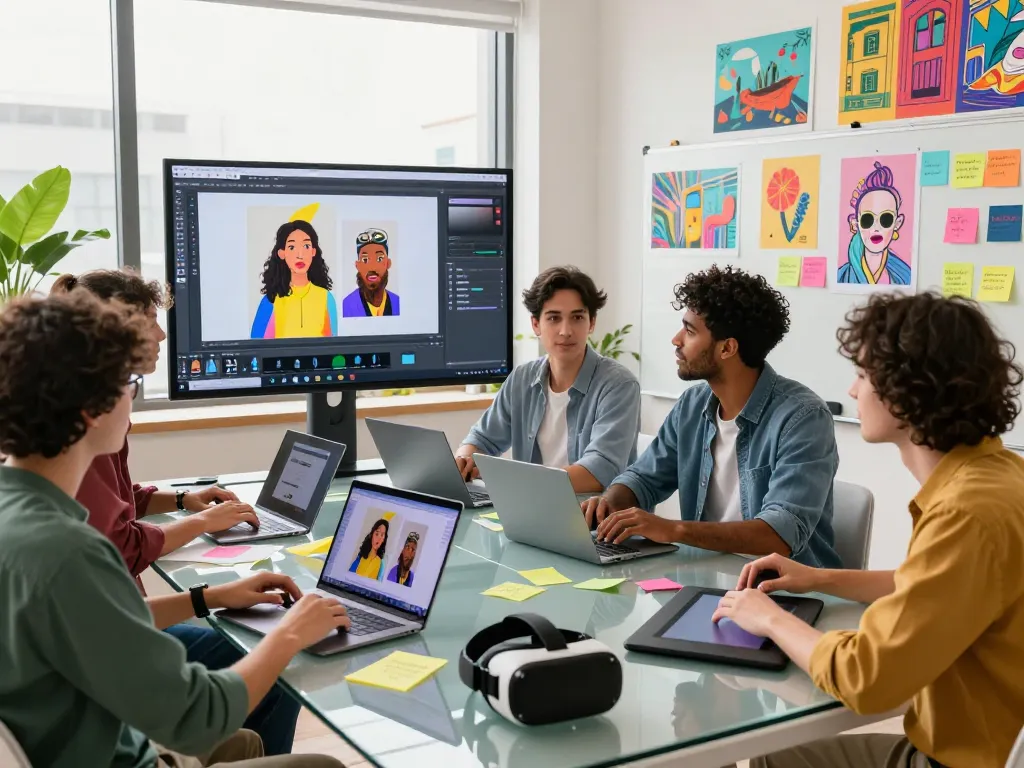Collaborative scene showcasing creators utilizing Nano Banana AI image editing tools in a dynamic digital workspace, surrounded by vibrant artwork and technology.